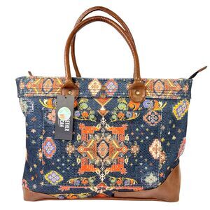 NWT Mona B Weekender Tote Blue Tan Upcycled Canvas Boho Carpet Print